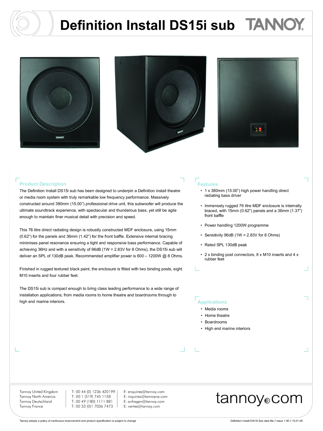 Tannoy DS15i manual Features, Applications 