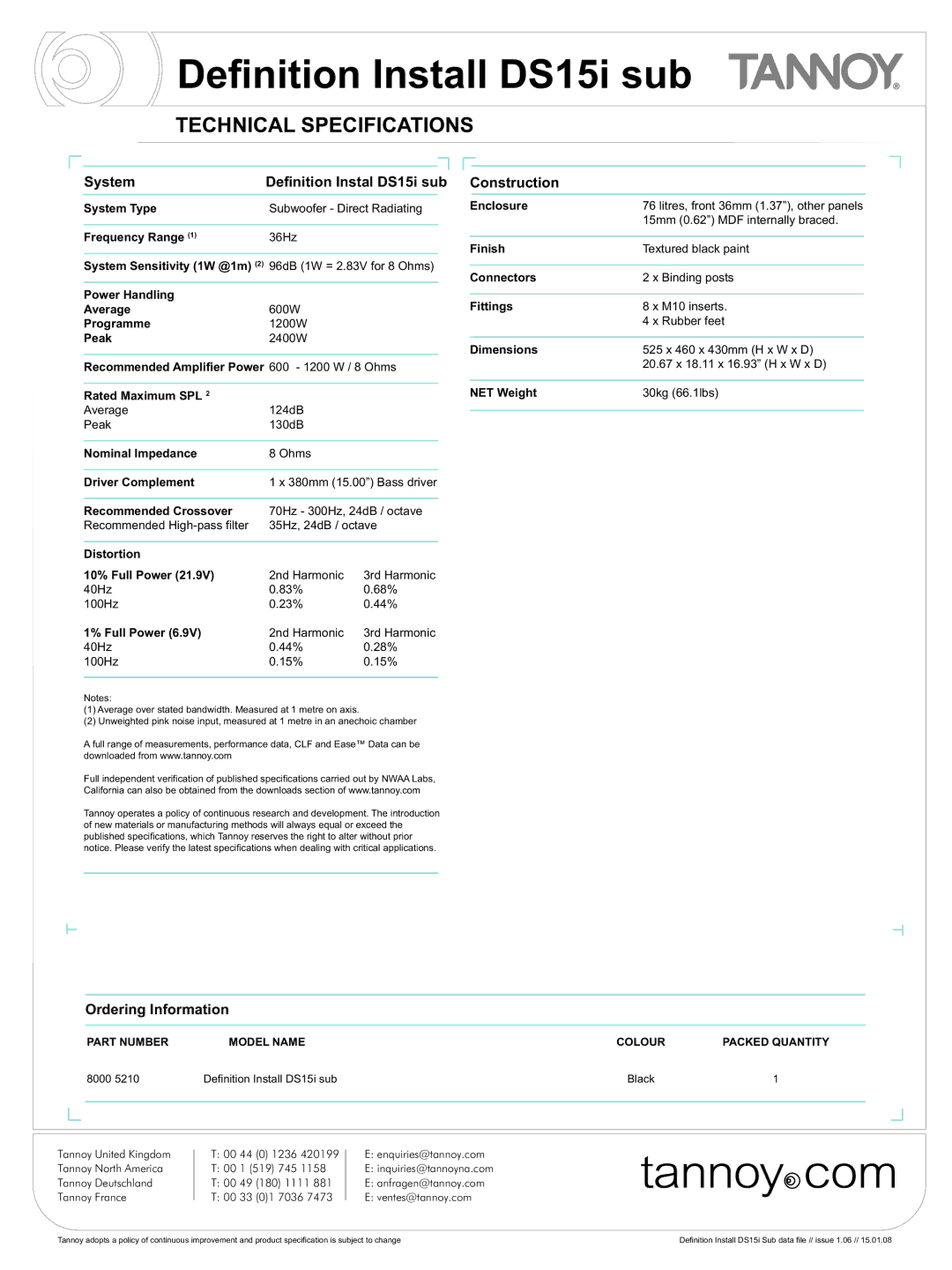 Tannoy manual Technical Specifications, System Definition Instal DS15i sub 