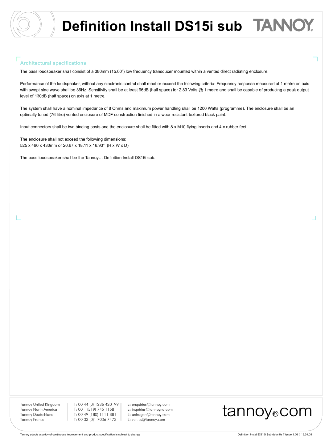 Tannoy DS15i manual Architectural specifications 