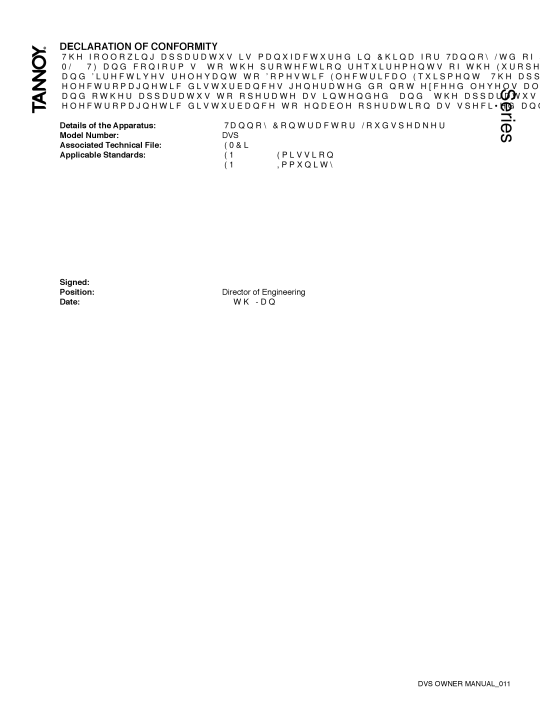 Tannoy DVS Series owner manual Declaration of Conformity, Date 19th Jan 