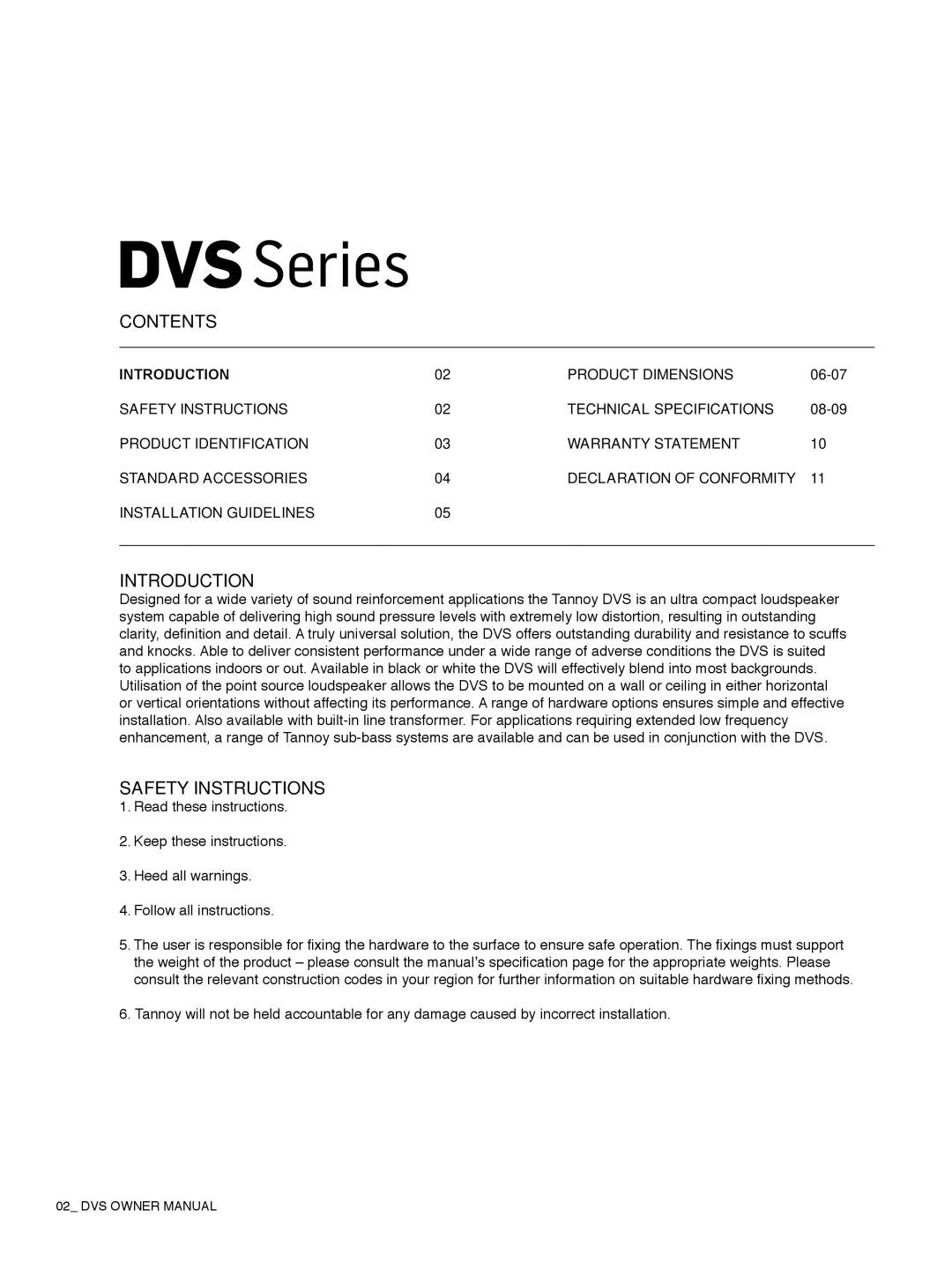 Tannoy DVS Series owner manual Introduction, Safety Instructions 