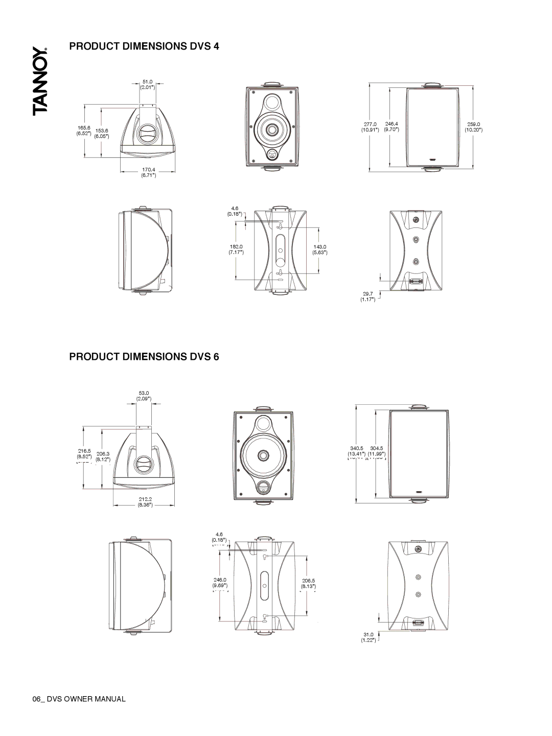 Tannoy DVS Series owner manual Product Dimensions DVS 