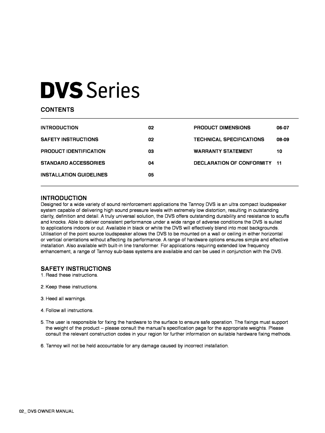Tannoy DVS Series owner manual contents, Introduction, Safety Instructions, Product Dimensions, tecHNICAL SPECIFICATIONS 