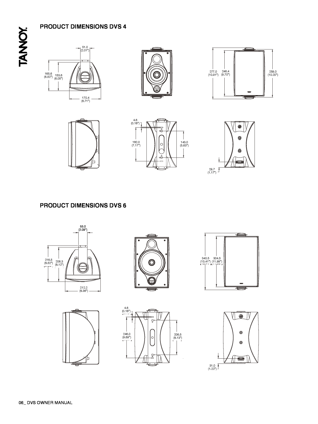 Tannoy DVS Series owner manual Product Dimensions Dvs 