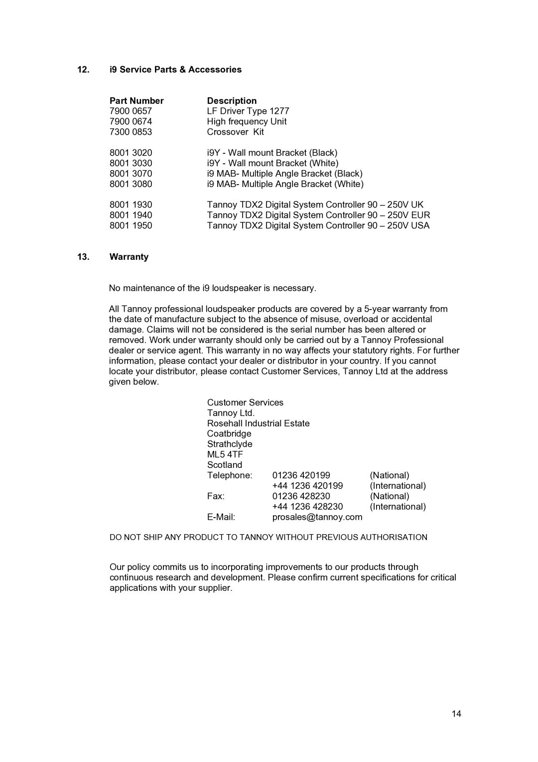 Tannoy I9 user manual 12. i9 Service Parts & Accessories Part Number Description, Warranty 