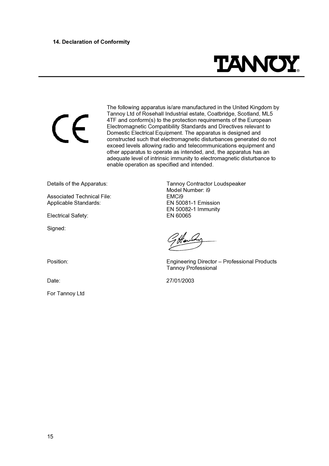 Tannoy I9 user manual Declaration of Conformity 