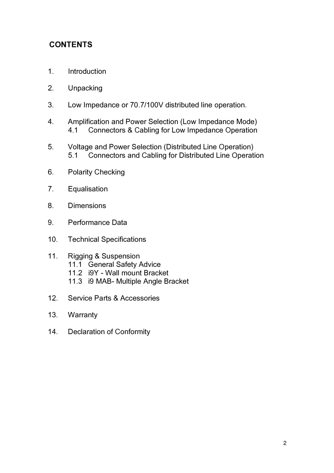 Tannoy I9 user manual Contents 