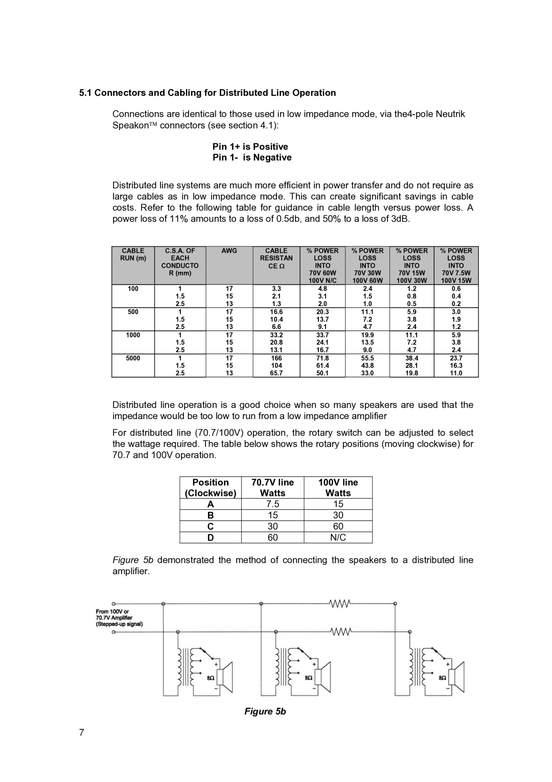 Tannoy I9 user manual Connectors and Cabling for Distributed Line Operation, Position 70.7V line 100V line Clockwise Watts 