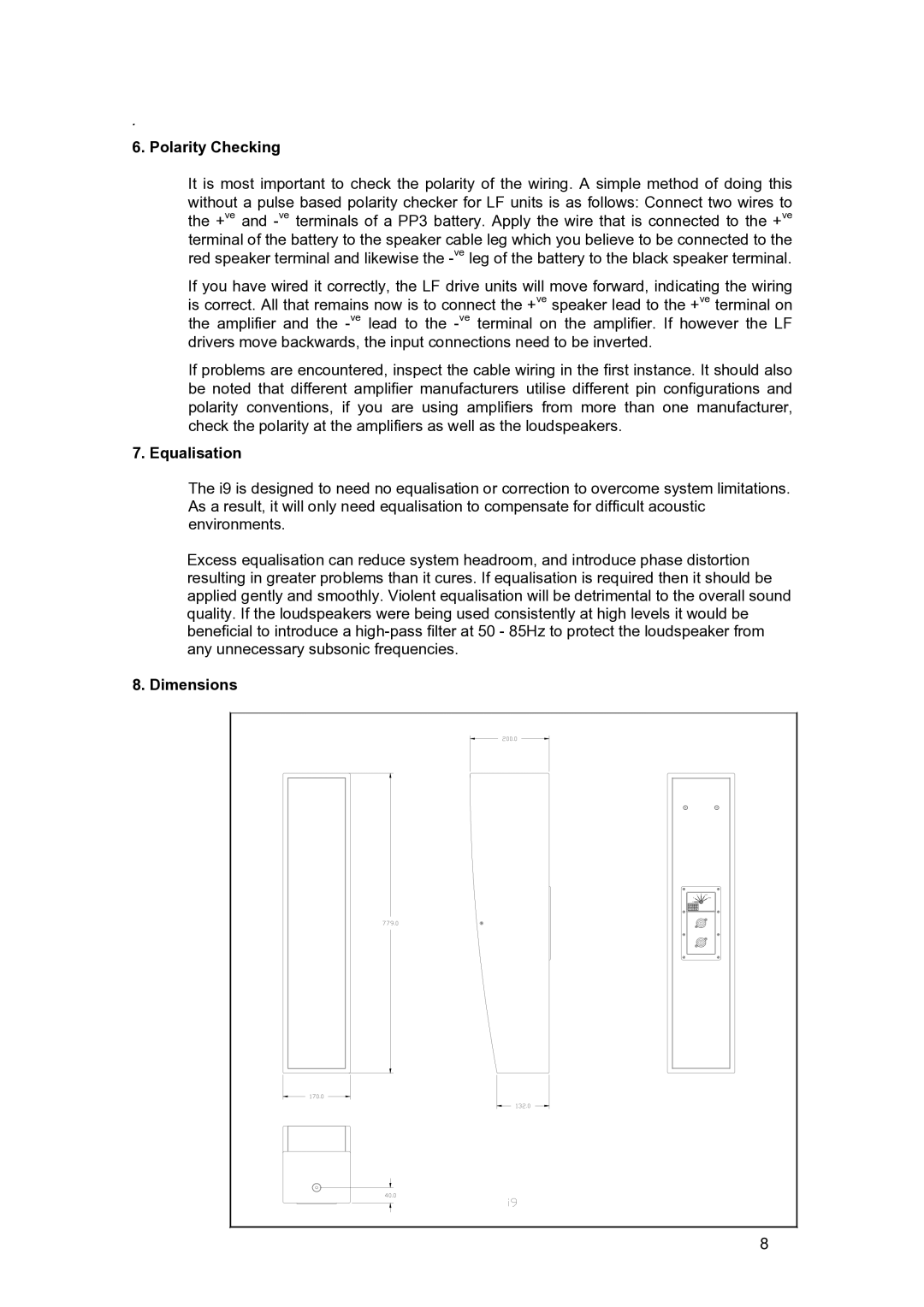 Tannoy I9 user manual Polarity Checking, Equalisation, Dimensions 