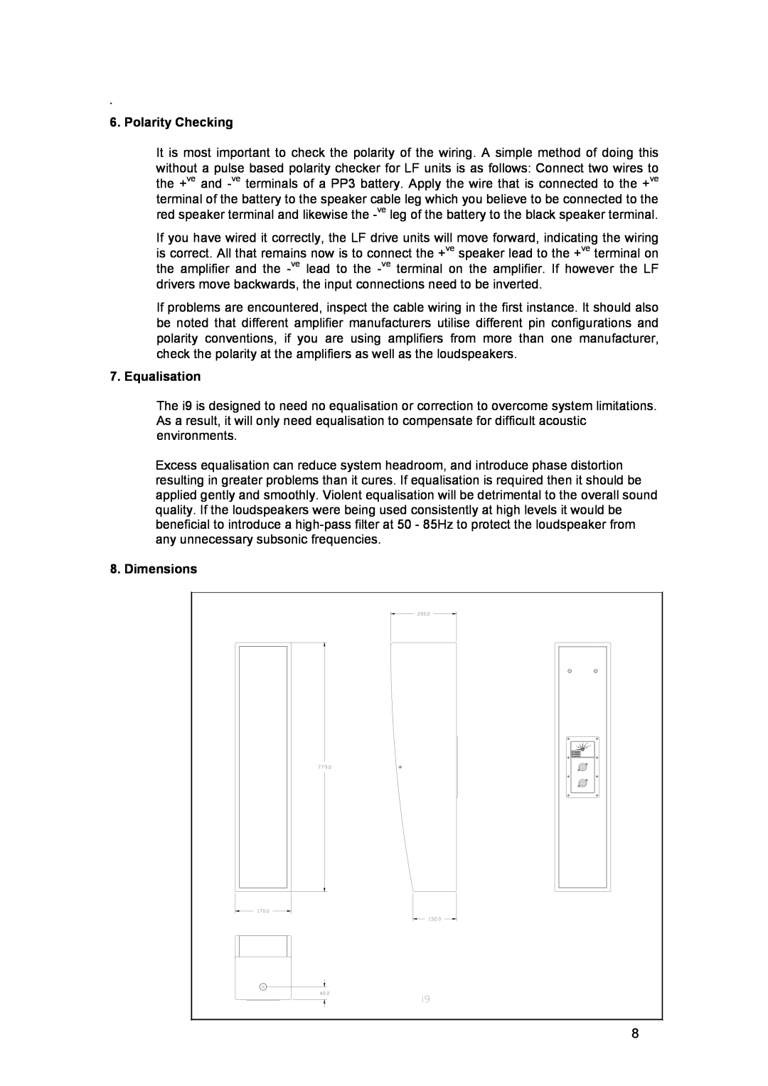 Tannoy I9 user manual Polarity Checking, Equalisation, Dimensions 