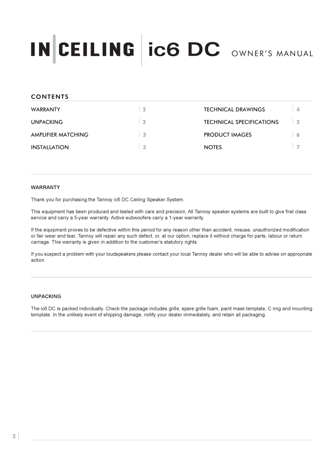 Tannoy ic6 DC owner manual Contents 