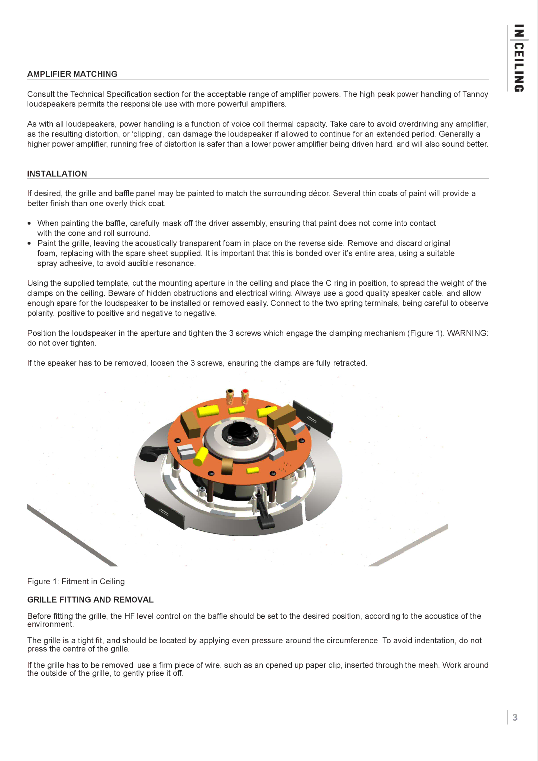 Tannoy ic6 DC owner manual Amplifier Matching, Installation, Grille Fitting and Removal 