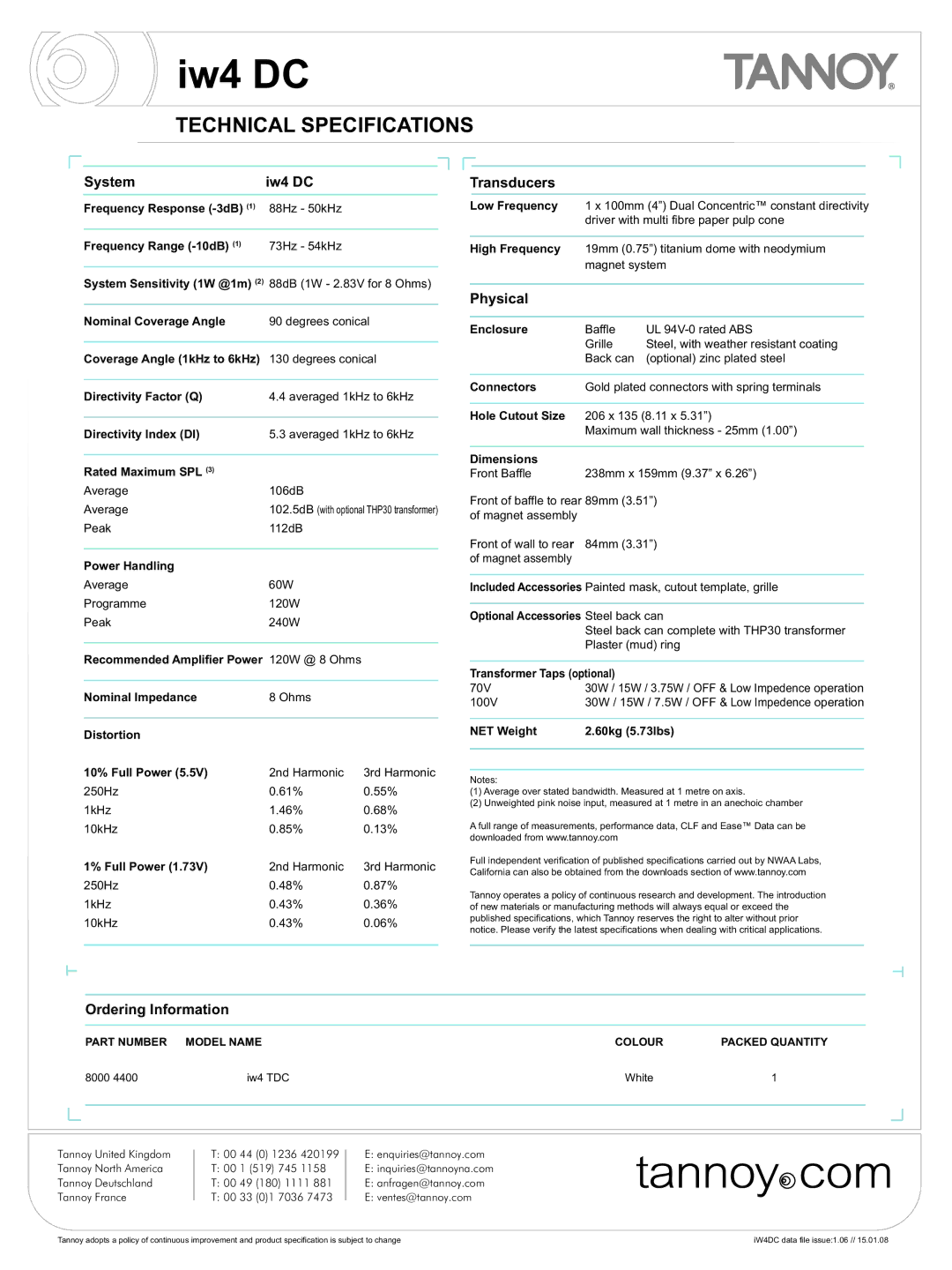 Tannoy iw4DC warranty Technical Specifications, Part Number Model Name Colour Packed Quantity 