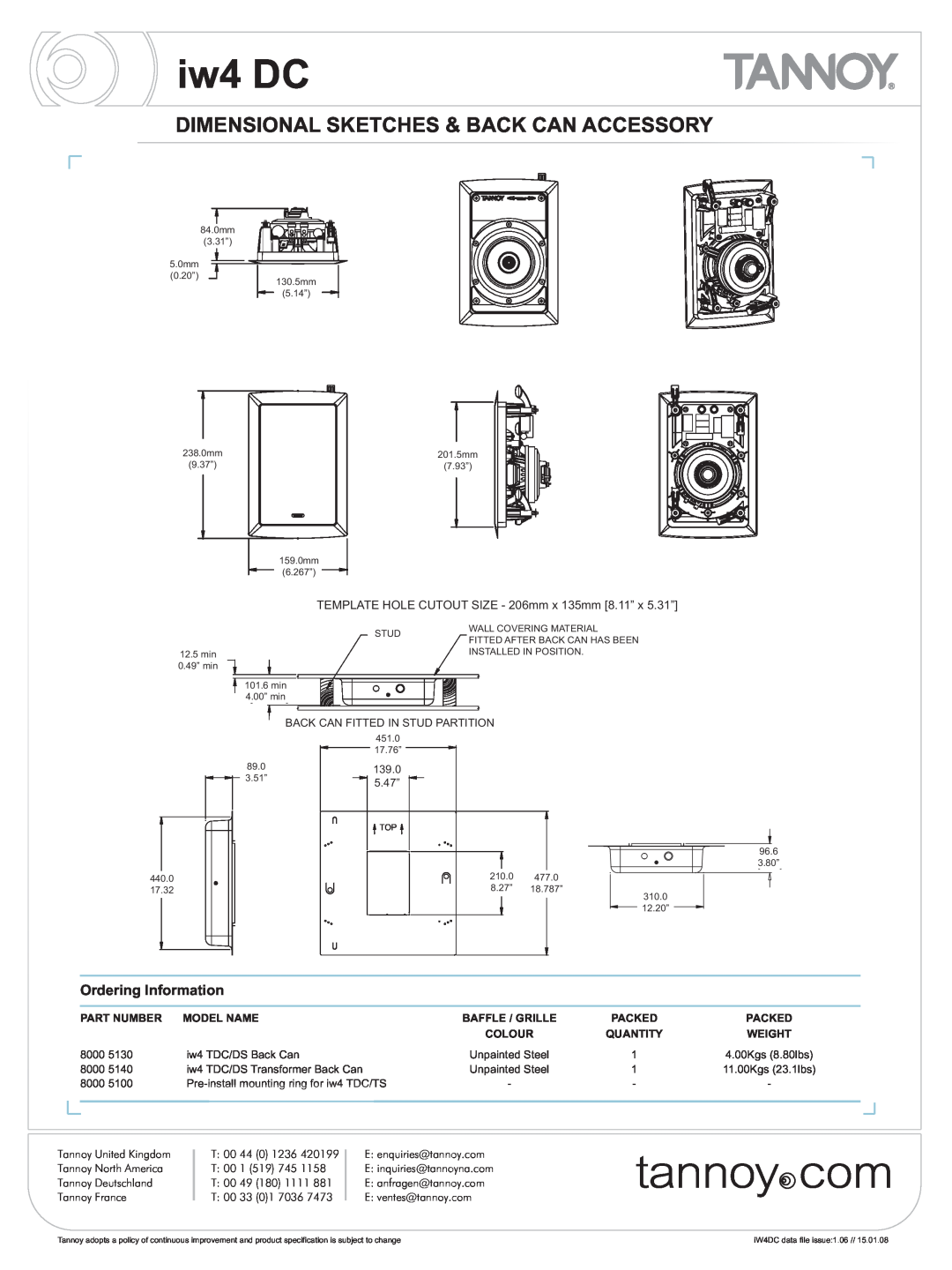 Tannoy iw4DC Dimensional Sketches & Back Can Accessory, iw4 DC, Ordering Information, Part Number, Model Name, Packed 