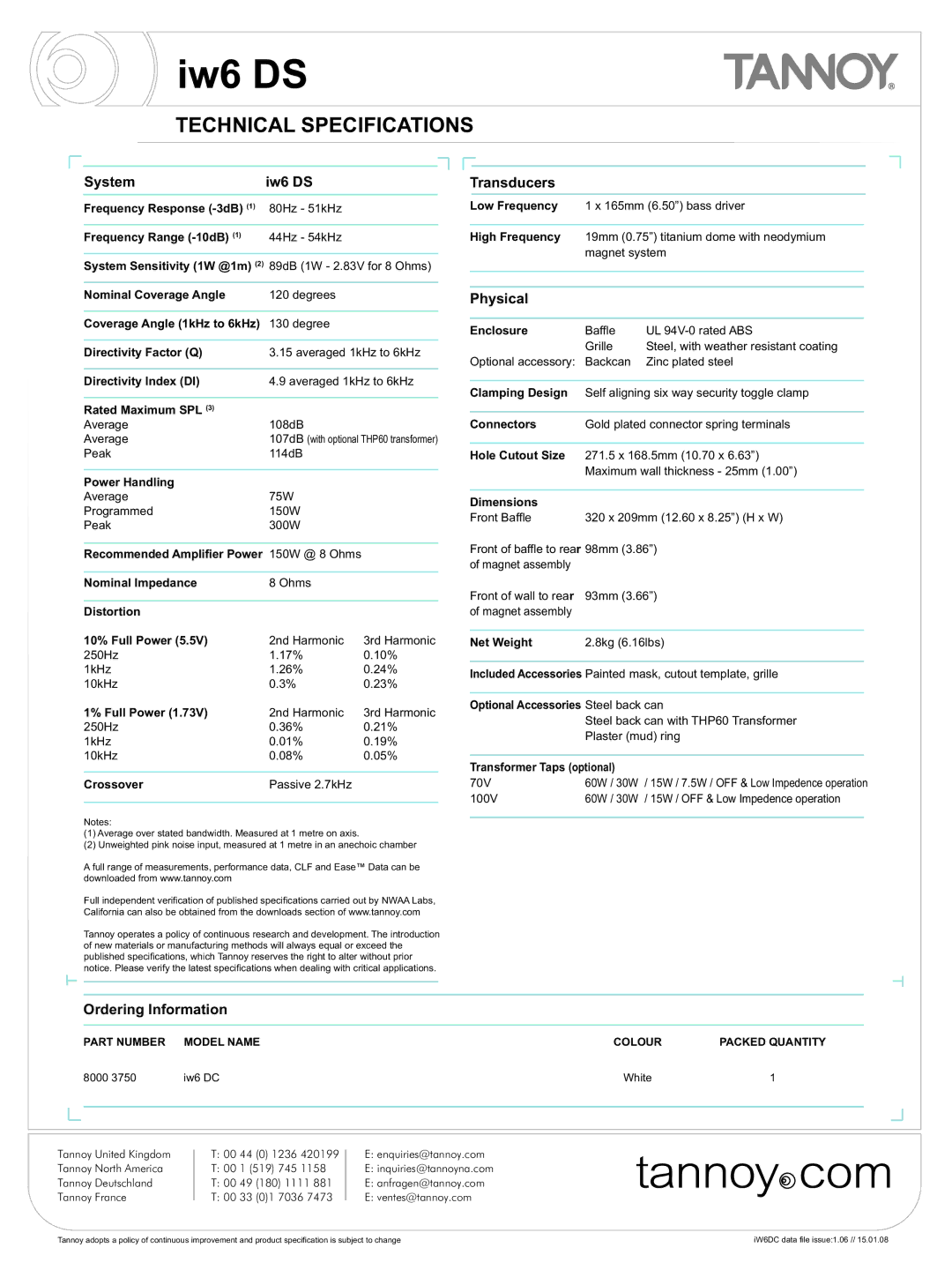 Tannoy iw6 DS warranty Technical Specifications, System Iw6 DS 