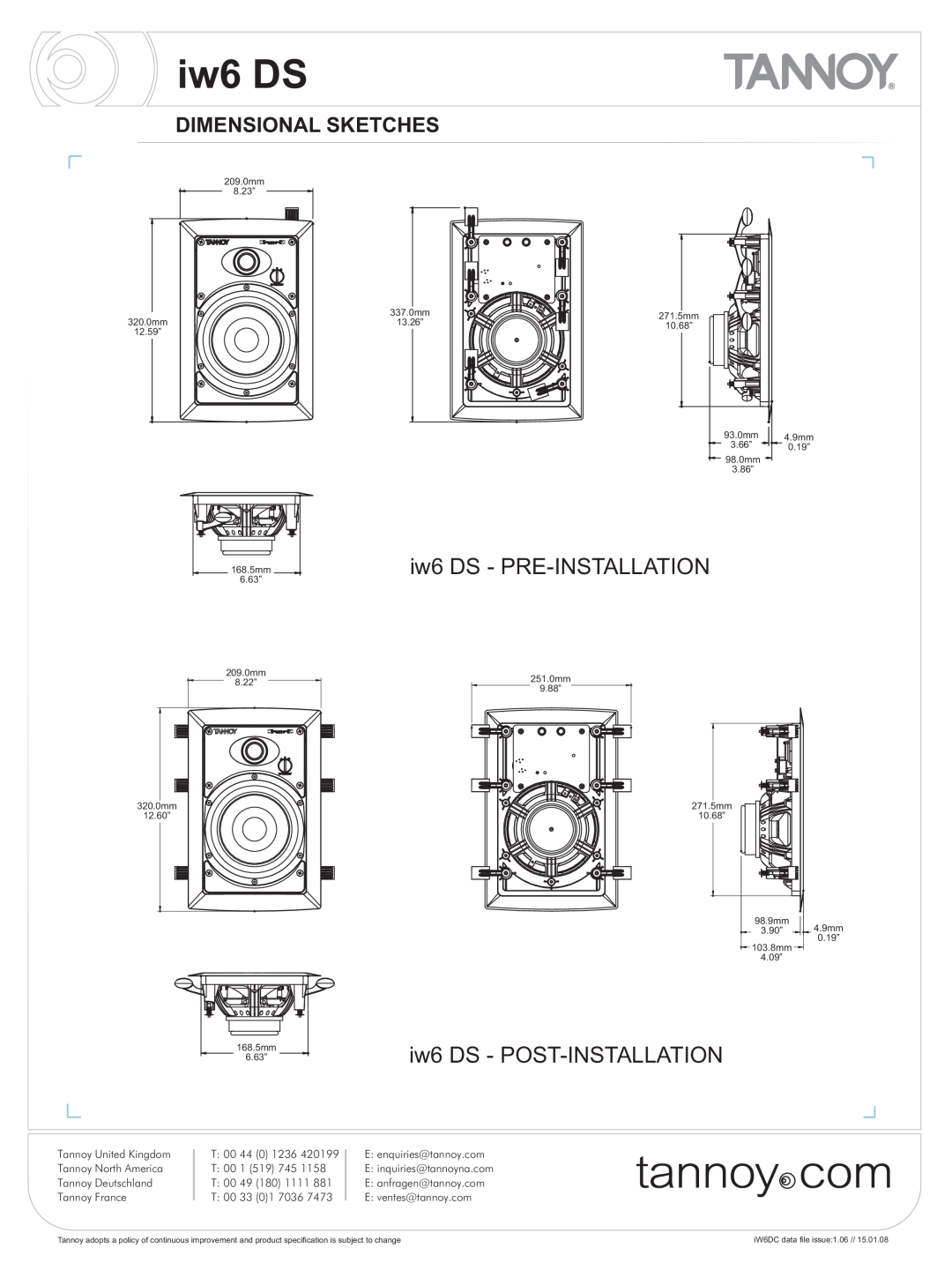 Tannoy warranty Dimensional Sketches, iw6 DS - PRE-INSTALLATION, iw6iw6DS DS- POST- POST-INSTALLATION-INSTALLATION 