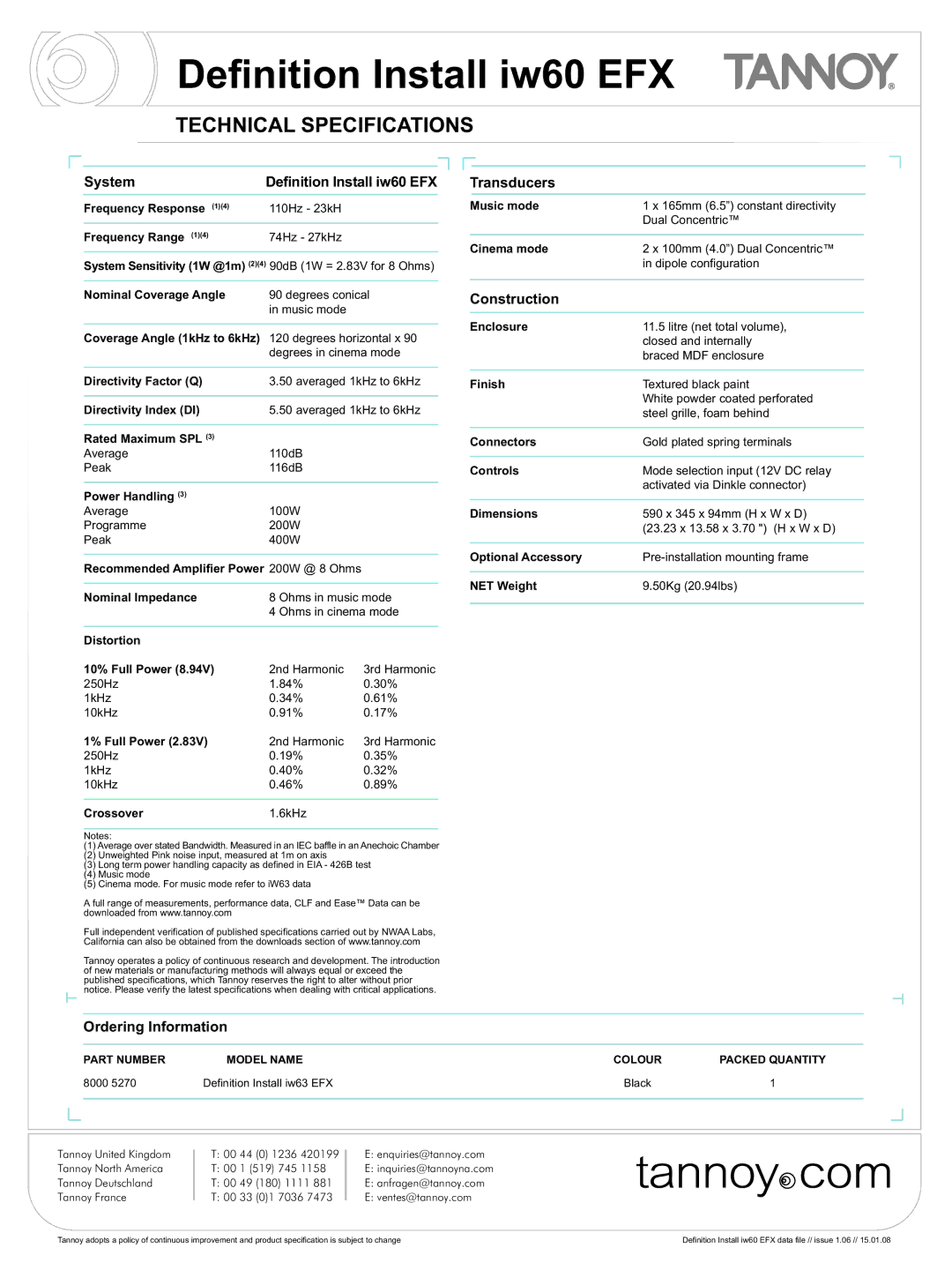 Tannoy manual Technical Specifications, System DefinitionInstalliw60 EFX, Ordering Information Transducers, Construction 