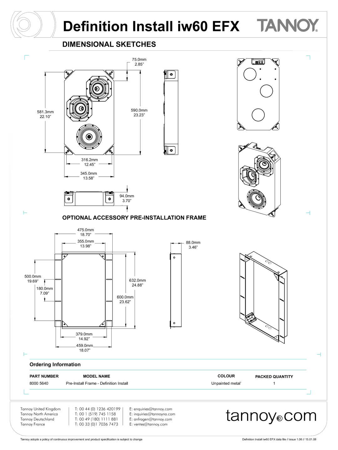 Tannoy iw60 EFX manual Dimensional Sketches, Ordering Information 