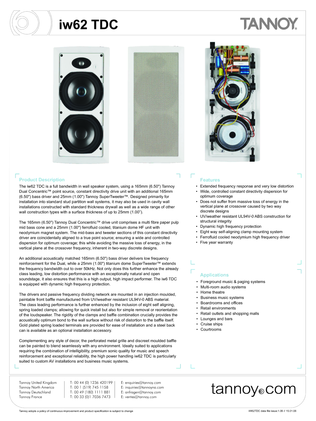 Tannoy iw62 TDC warranty Iw62 TDC 