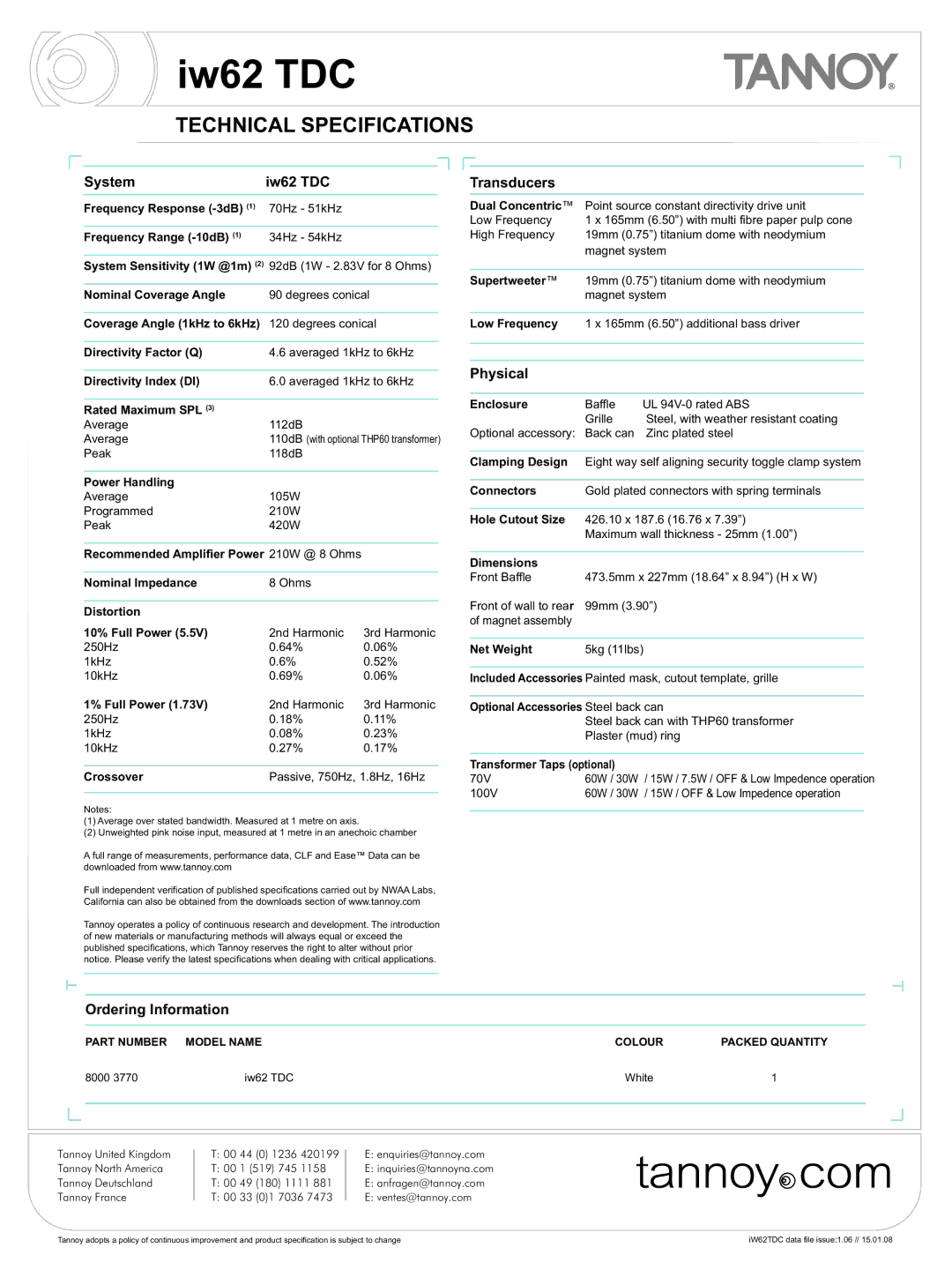 Tannoy iw62 TDC warranty Technical Specifications, System Iw62 TDC 