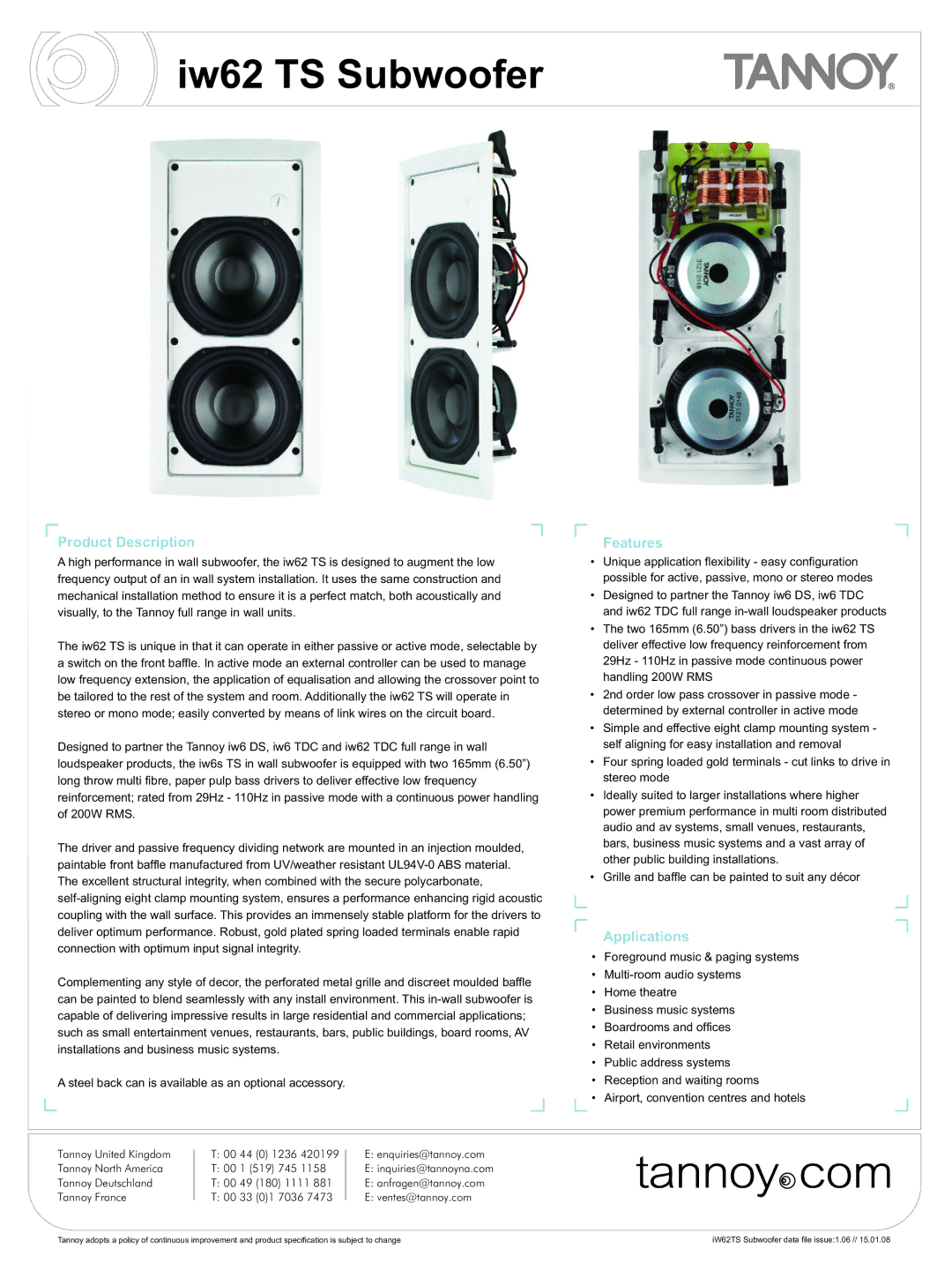 Tannoy iw62 TS manual Features, Applications 