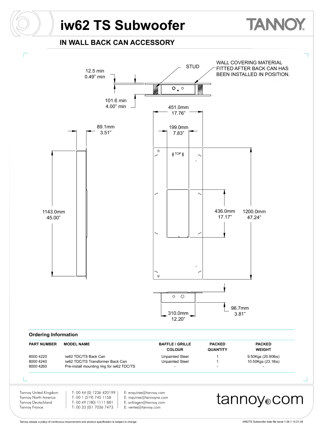 Tannoy iw62 TS manual Wall Back can Accessory, Part Number, Packed Colour Quantity Weight 