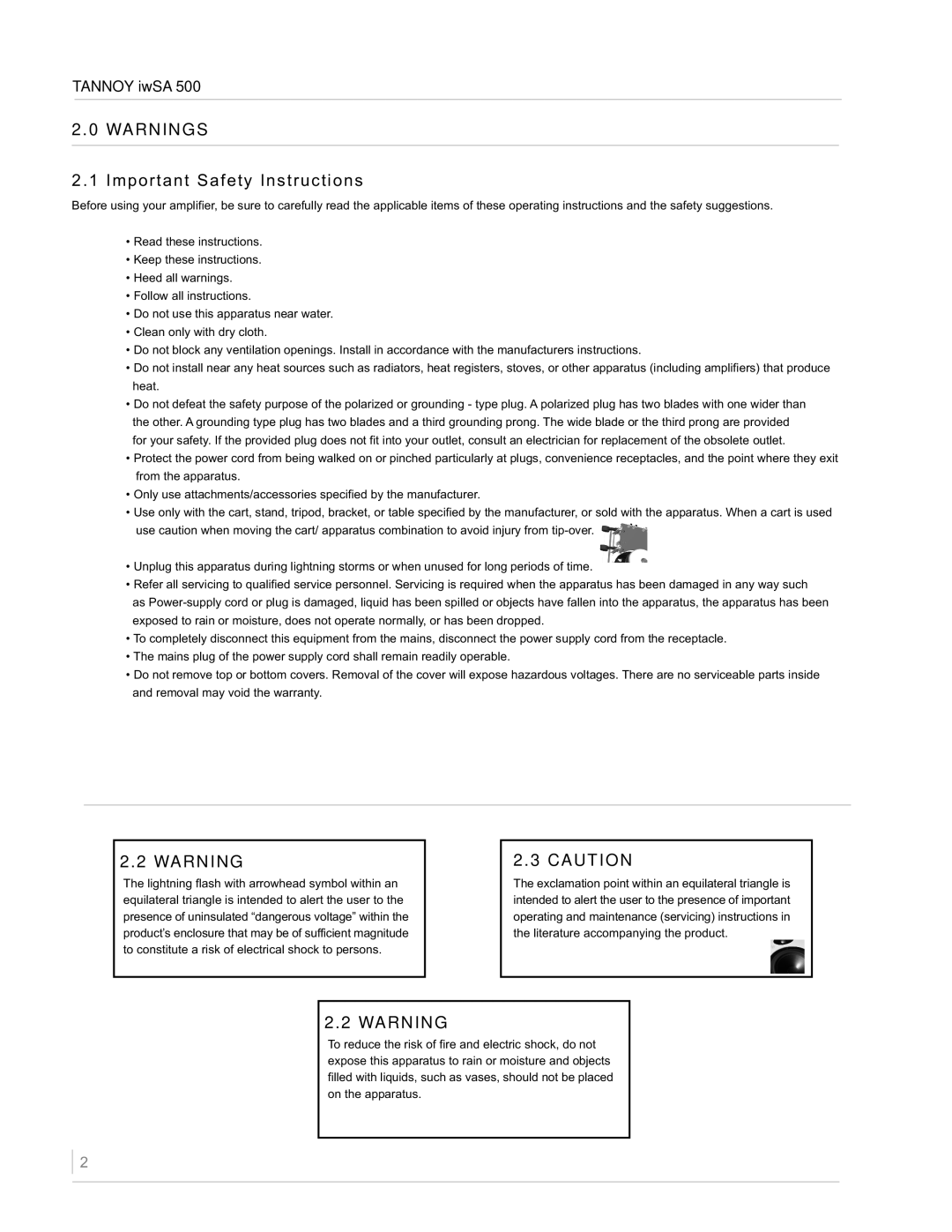 Tannoy iwSA 500 owner manual Important Safety Instructions 