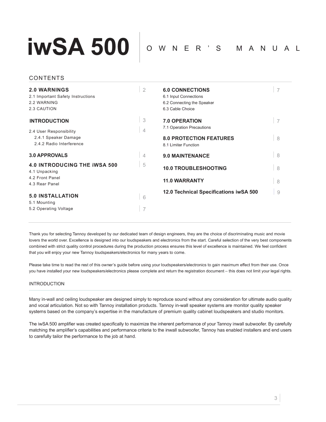 Tannoy iwSA 500 owner manual IwSA 