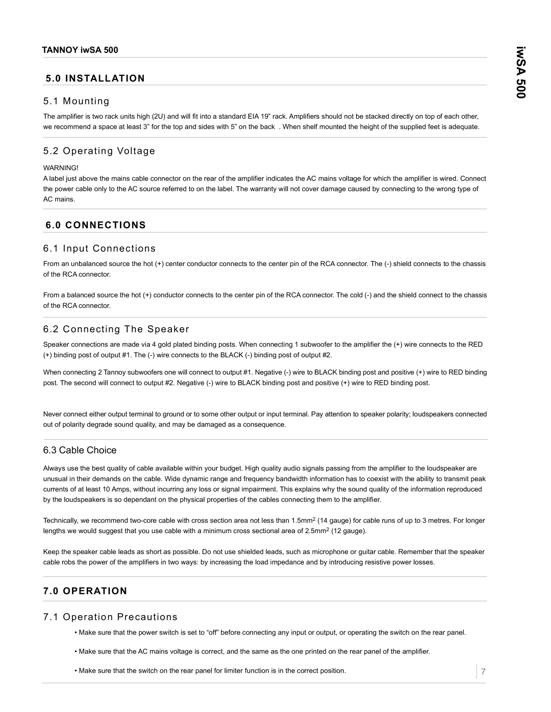 Tannoy iwSA 500 owner manual Installation, Connections, Operation 