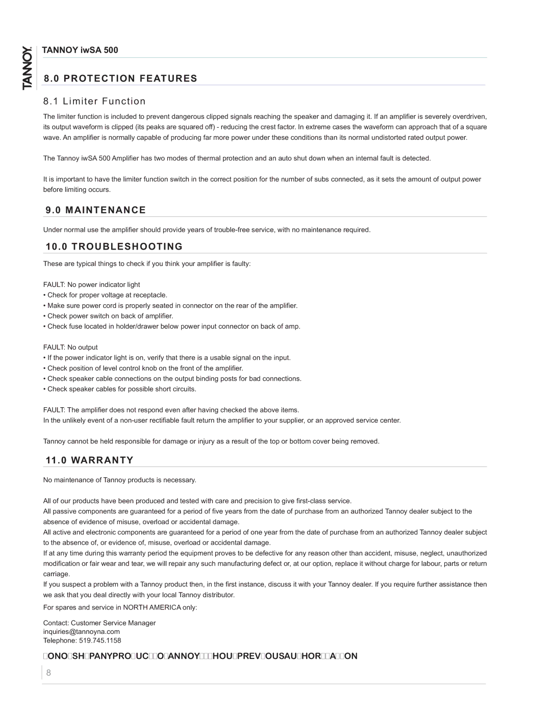 Tannoy iwSA 500 owner manual Protection Features, Limiter Function, Maintenance, Troubleshooting, Warranty 