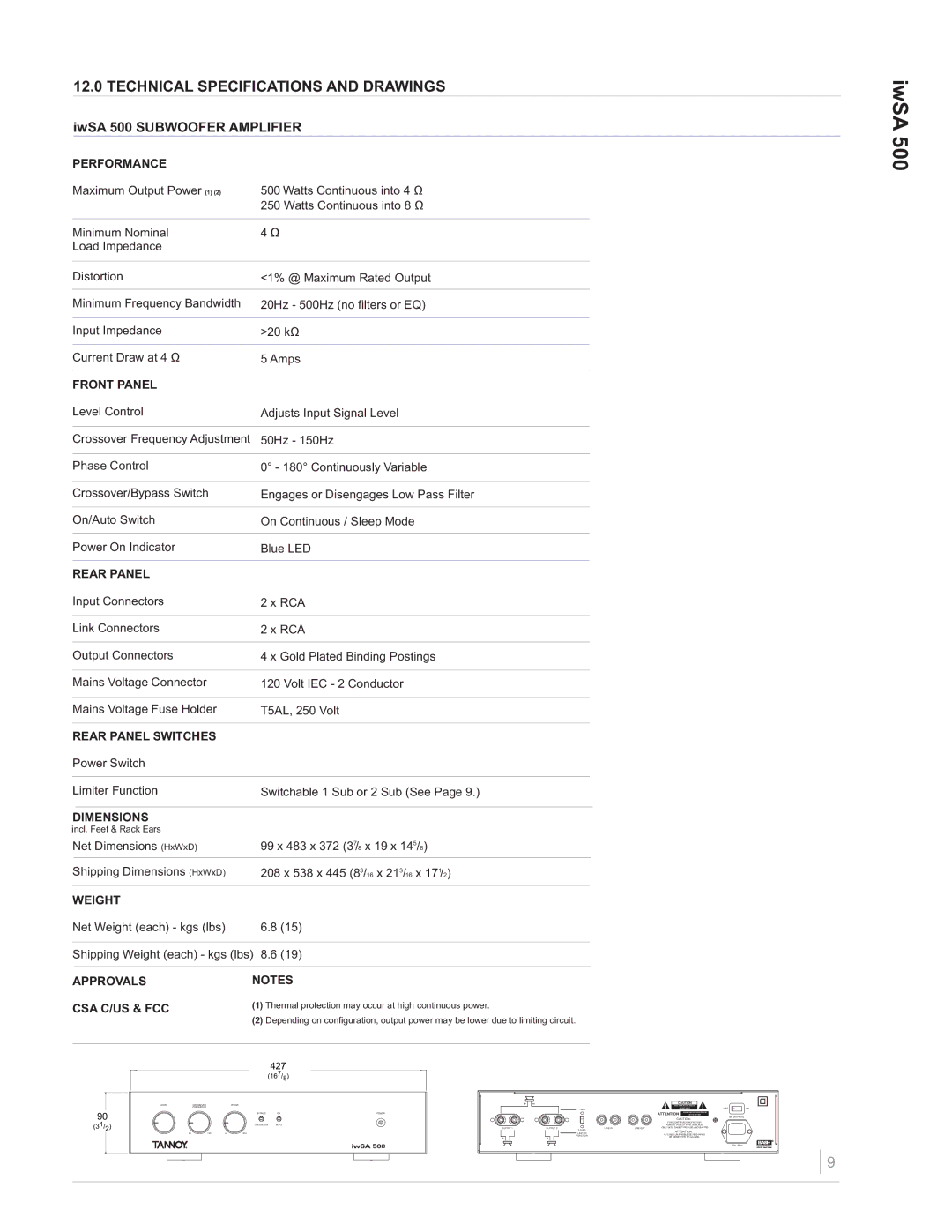 Tannoy iwSA 500 owner manual Technical Specifications and Drawings 