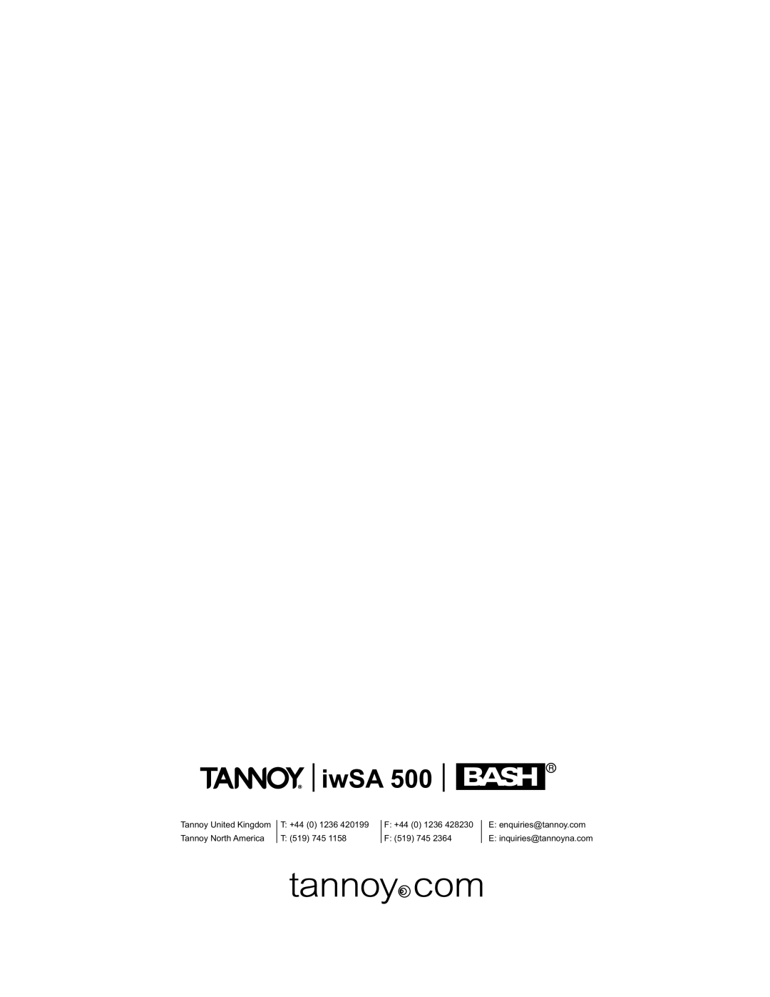 Tannoy iwSA 500 owner manual Tannoy United Kingdom, T +44, F +44, Tannoy North America 