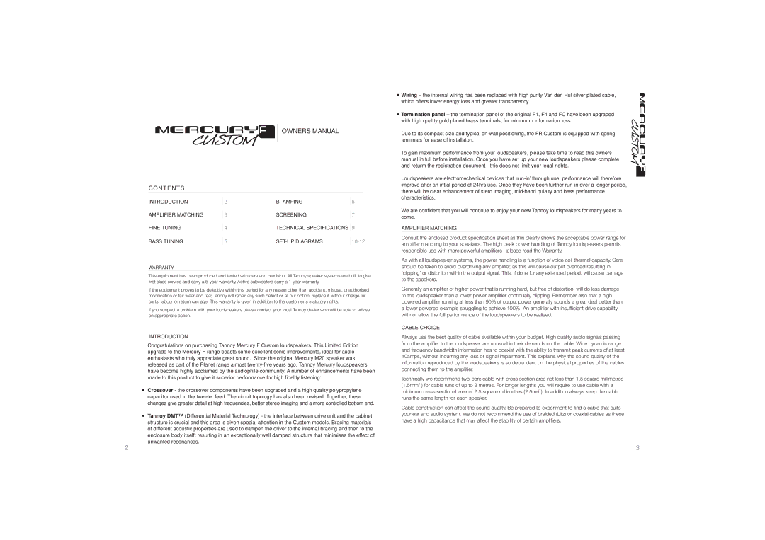 Tannoy Mercury F Custom owner manual Contents 