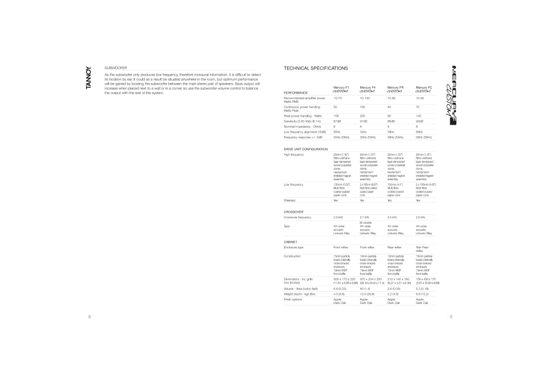 Tannoy Mercury F Custom owner manual Technical Specifications 