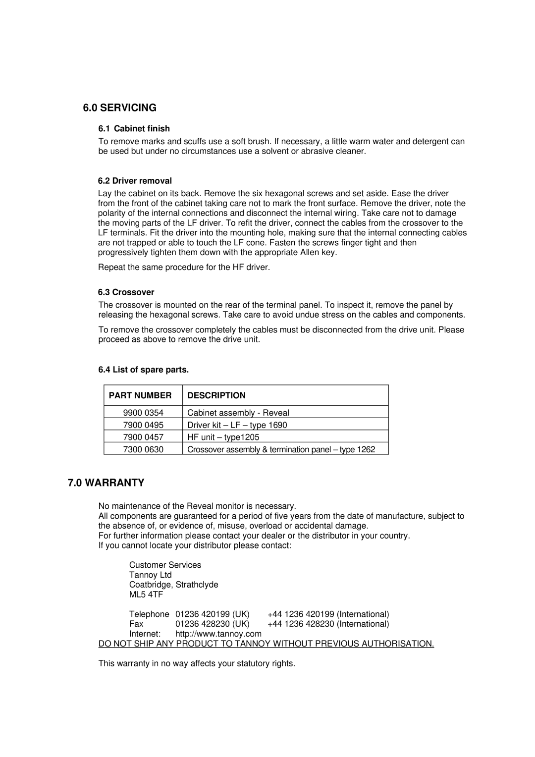 Tannoy Reveal user manual Cabinet finish, Part Number Description 