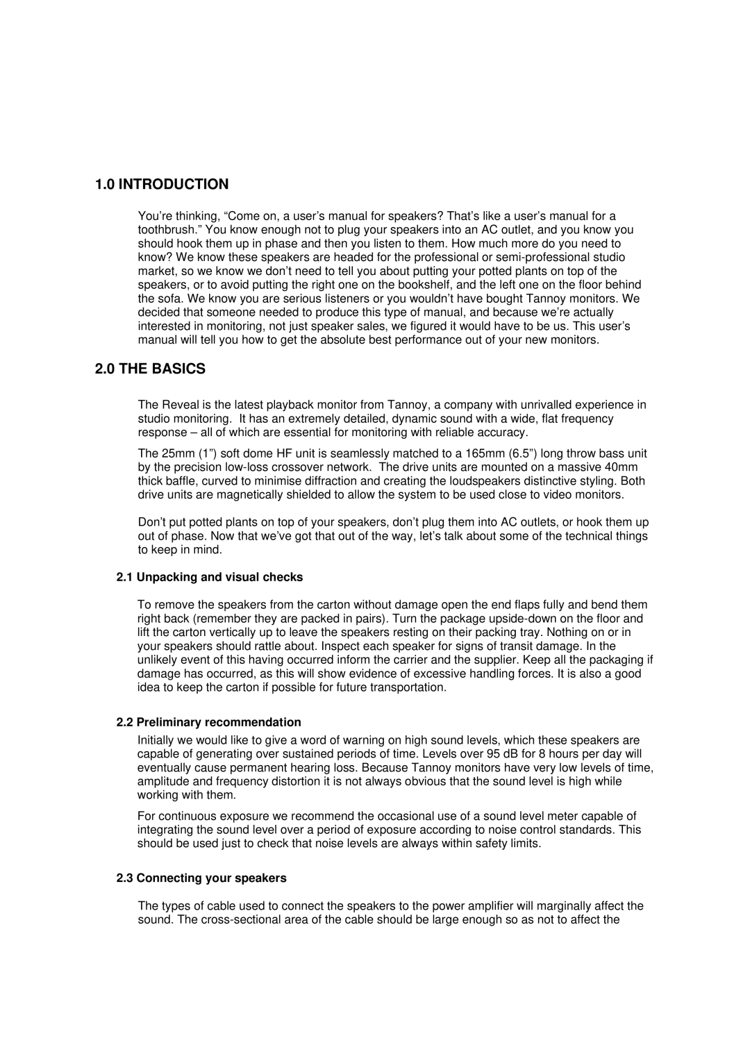 Tannoy Reveal user manual Introduction, Unpacking and visual checks 