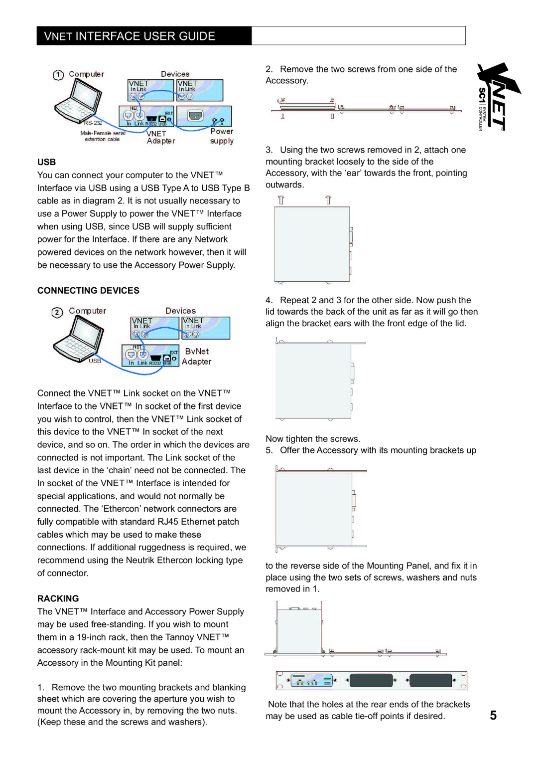 Tannoy SC1 manual Usb, Connecting Devices, Racking 