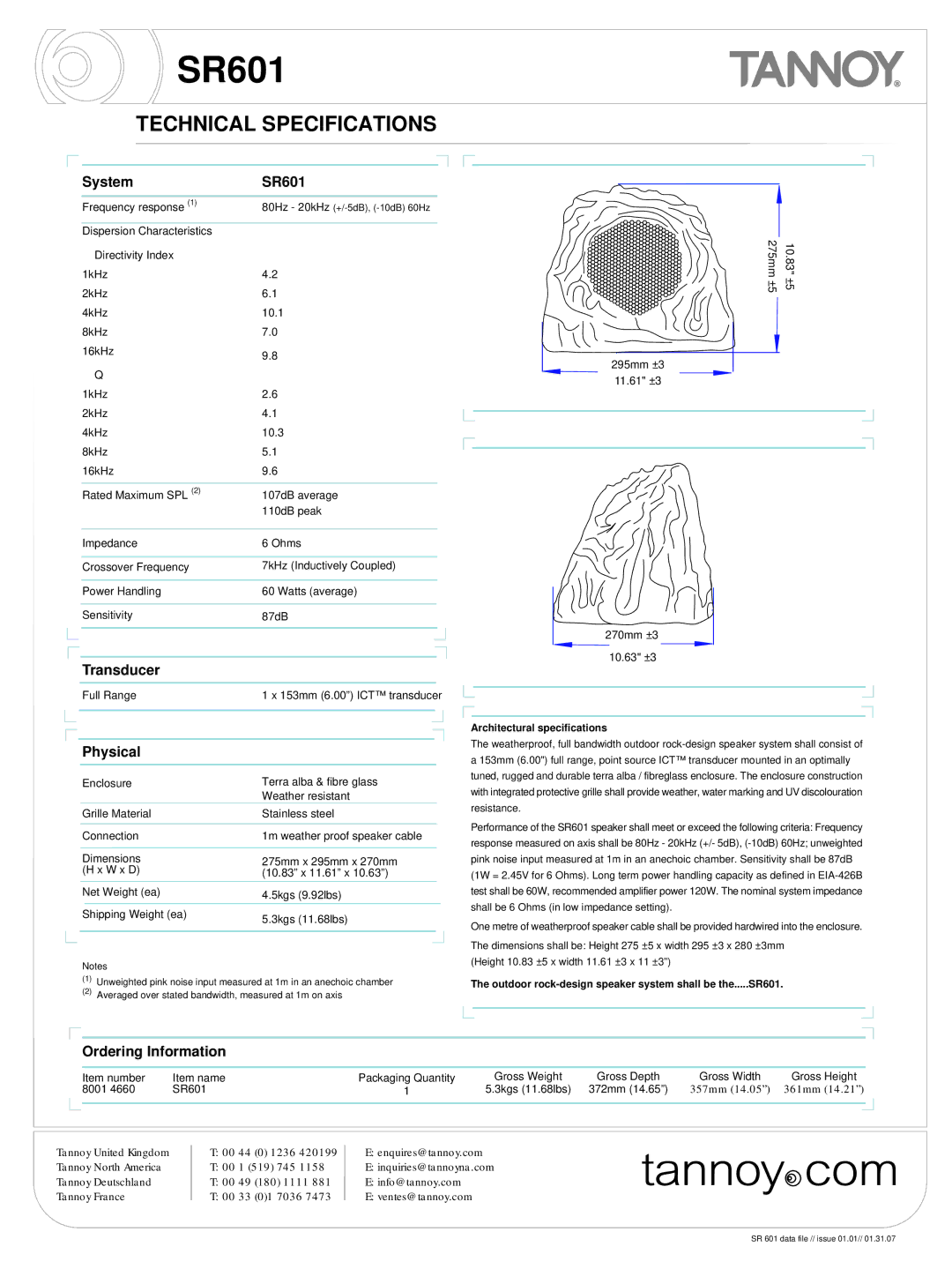 Tannoy warranty Technical Specifications, System SR601, Transducer, Physical, Ordering Information 