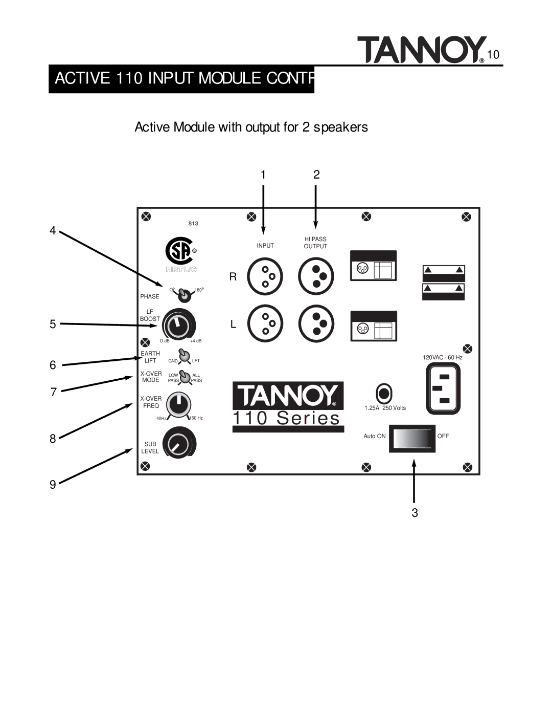 Tannoy SUBWOOFERS manual Active 110 Input Module Controls, Active Module with output for 2 speakers 