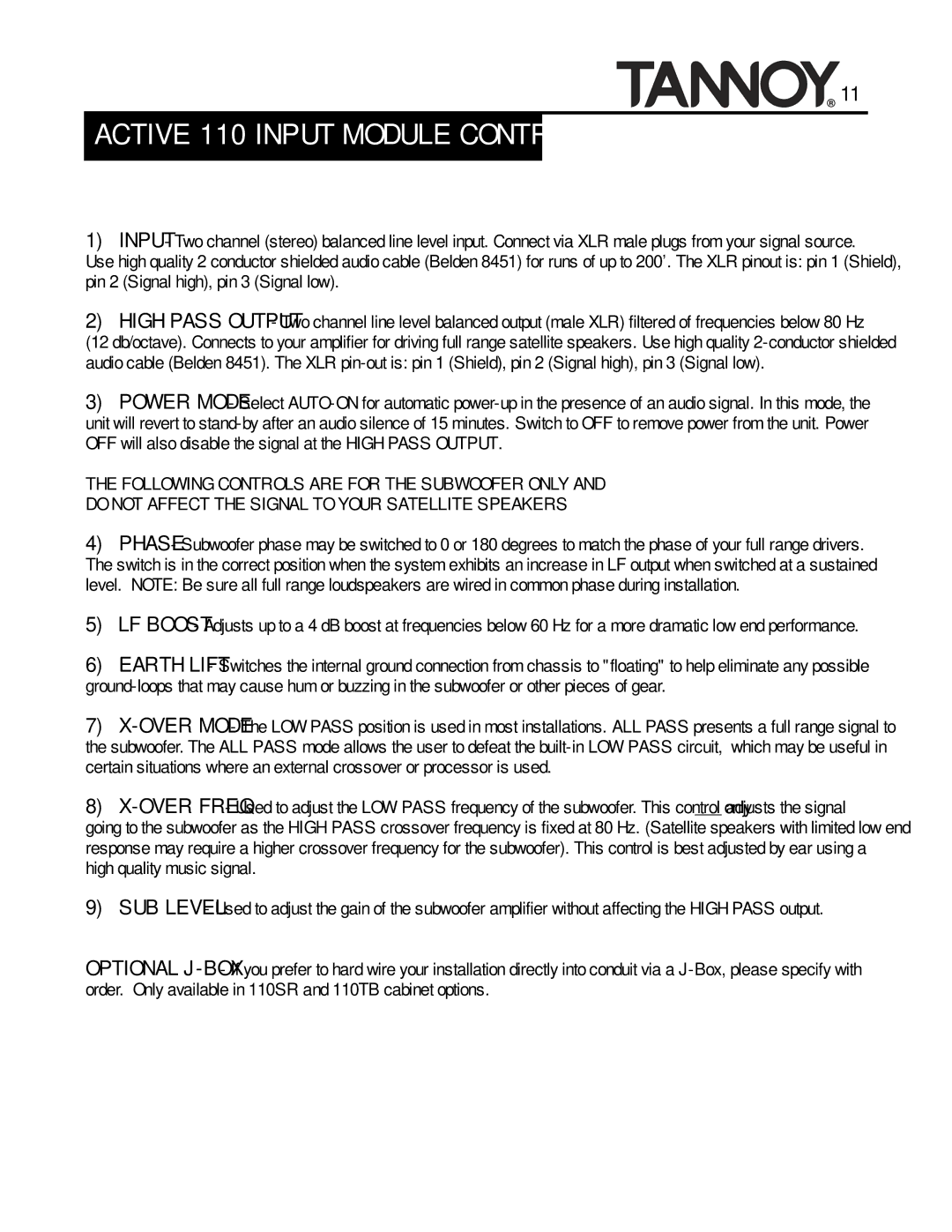 Tannoy SUBWOOFERS manual Active 110 Input Module Controls 