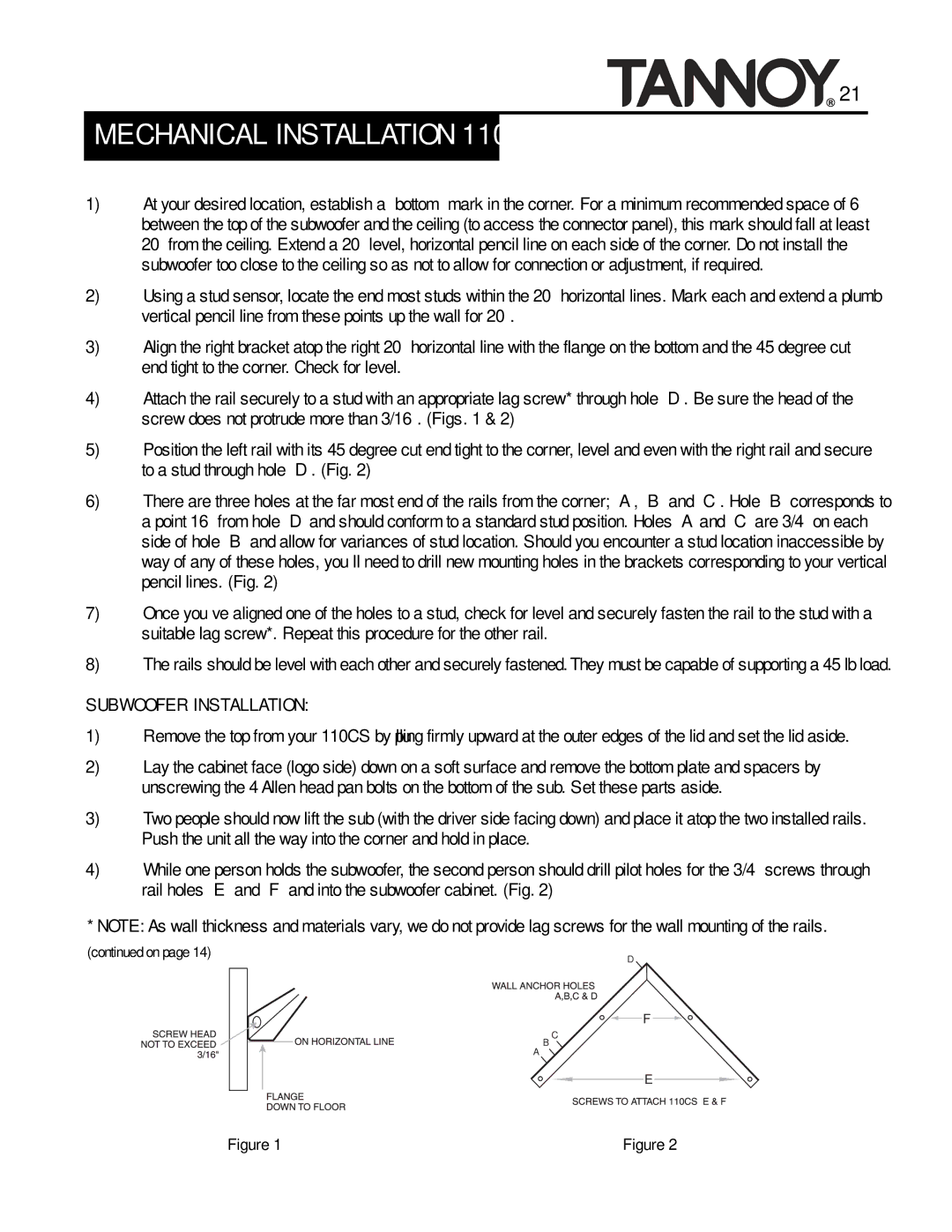 Tannoy SUBWOOFERS manual Subwoofer Installation 