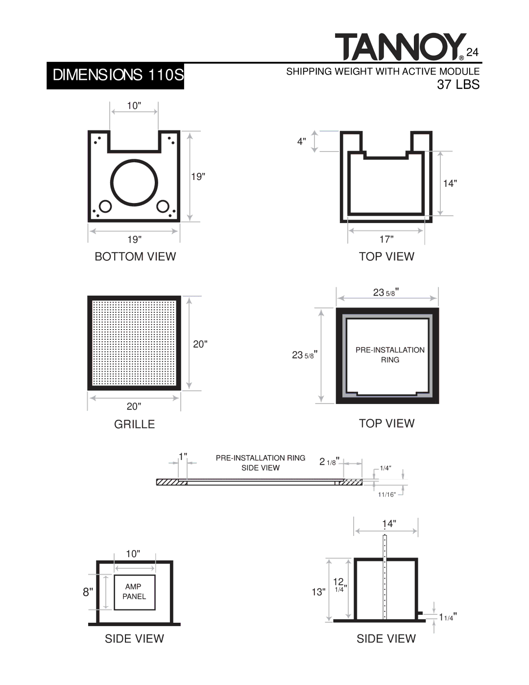 Tannoy SUBWOOFERS manual Dimensions 110SR, 37 LBS 
