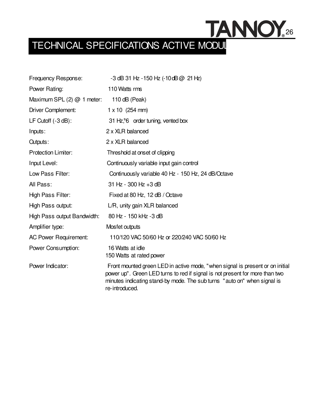 Tannoy SUBWOOFERS manual Technical Specifications Active Module 