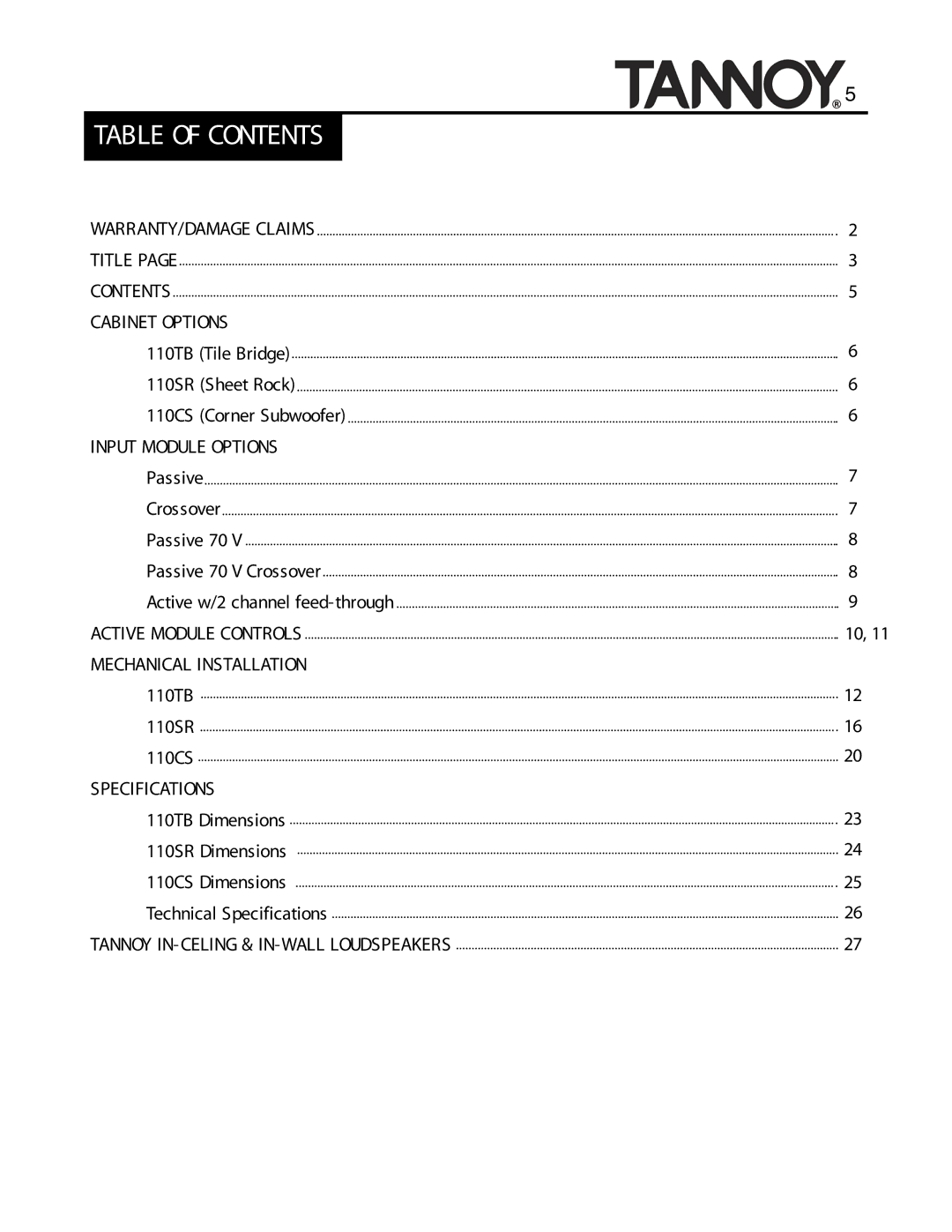 Tannoy SUBWOOFERS manual Table of Contents 