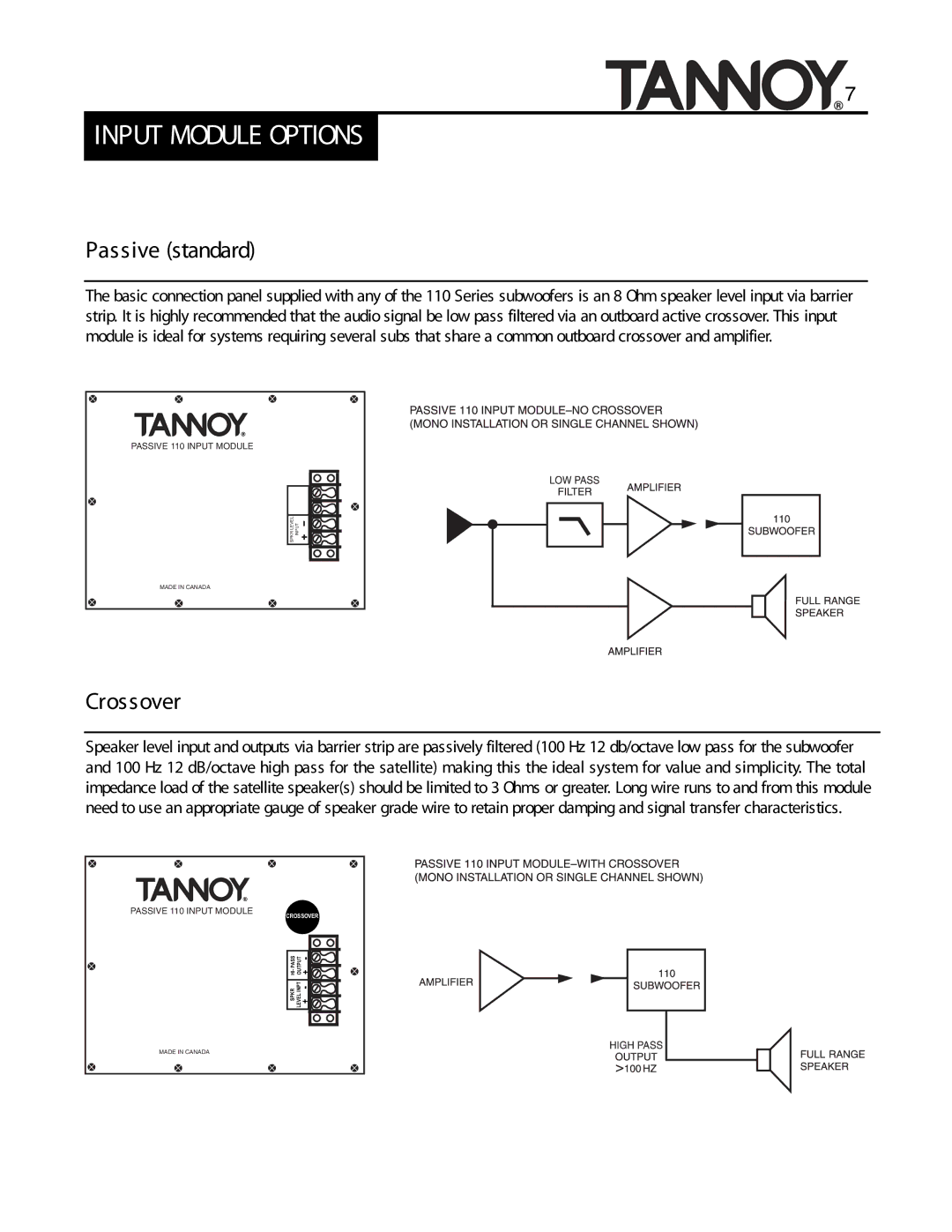 Tannoy SUBWOOFERS manual Input Module Options, Passive standard, Crossover 