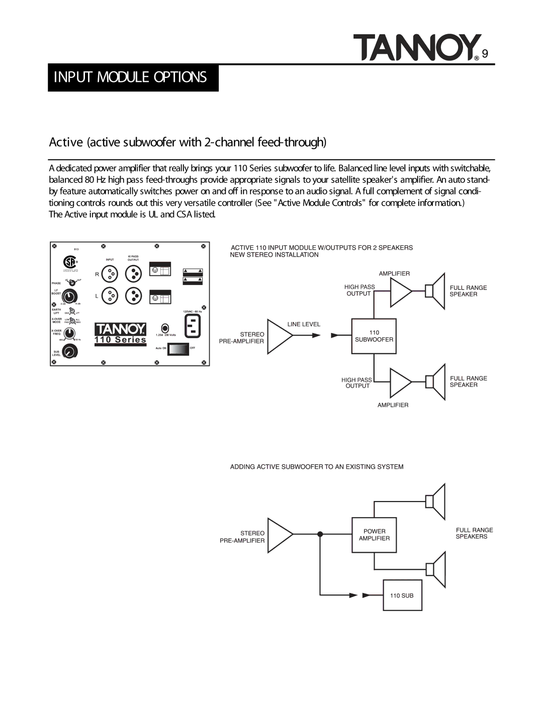 Tannoy SUBWOOFERS manual Active active subwoofer with 2-channel feed-through, Active input module is UL and CSA listed 