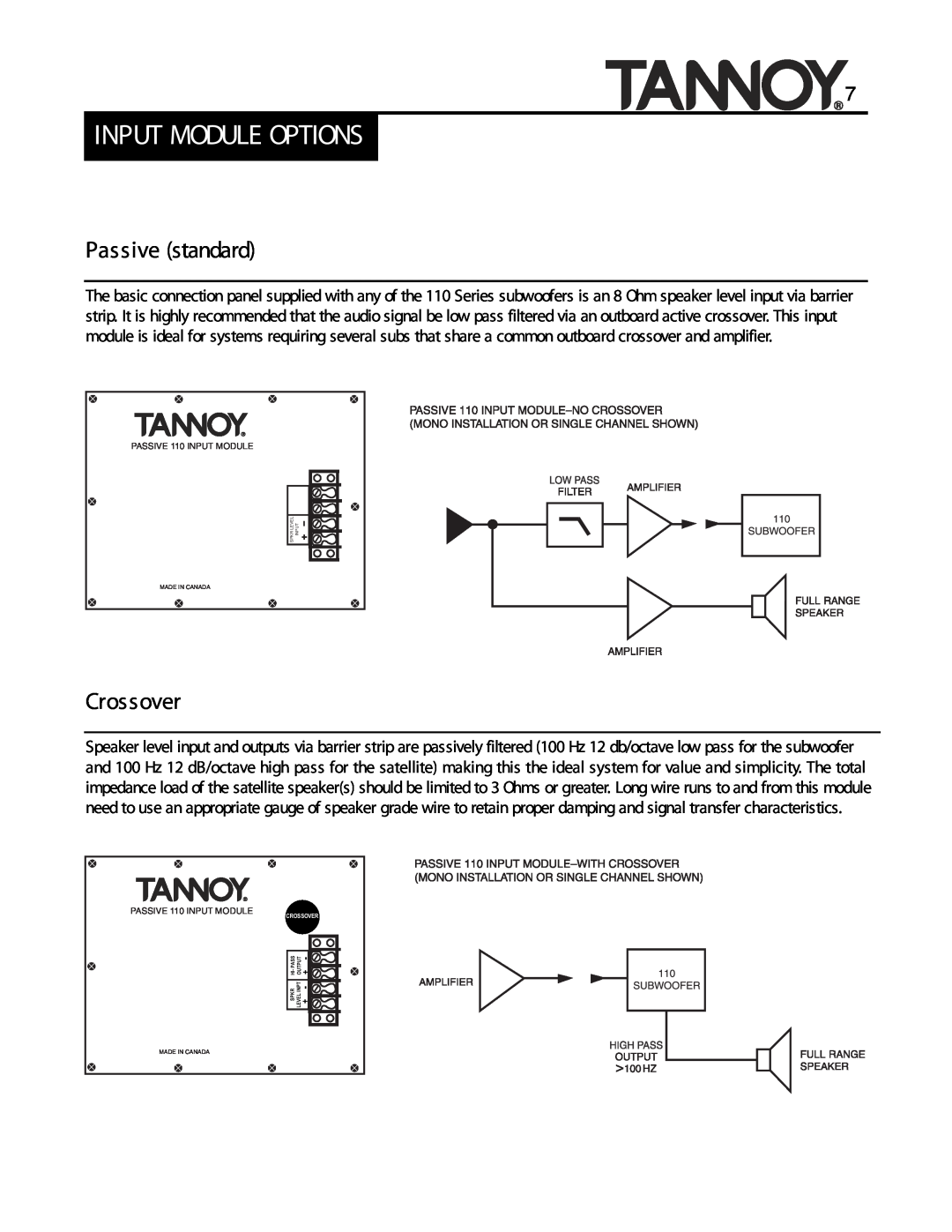 Tannoy SUBWOOFERS manual Input Module Options, Passive standard, Crossover 