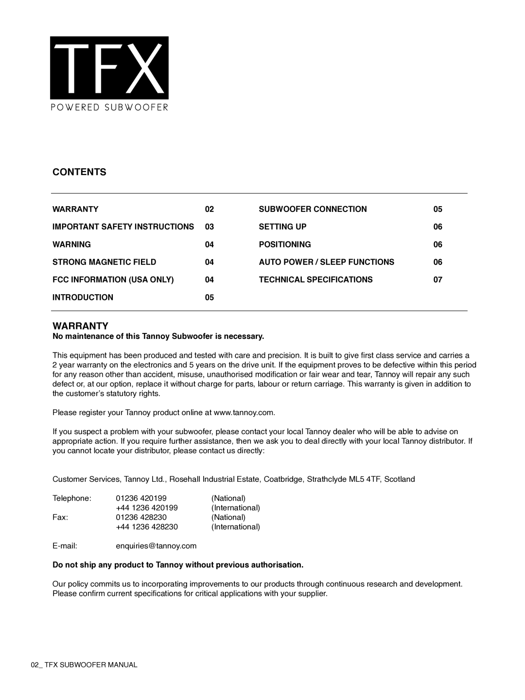 Tannoy TFX Powerd Subwoofer owner manual Contents, Warranty 