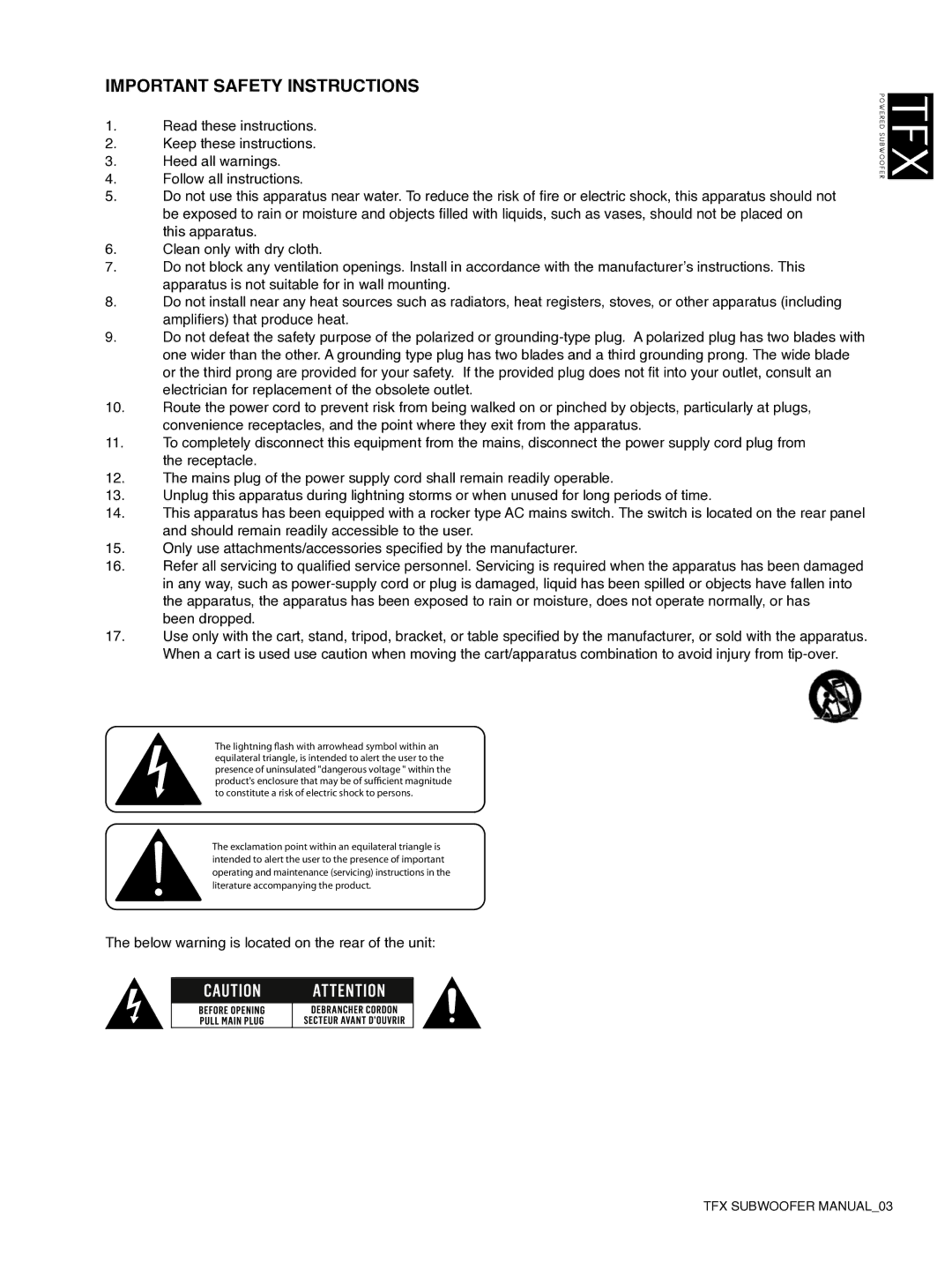 Tannoy TFX Powerd Subwoofer owner manual Important Safety Instructions 