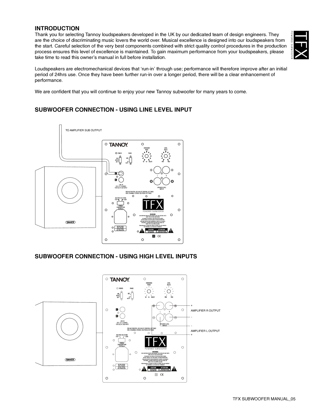 Tannoy TFX Powerd Subwoofer owner manual Introduction, Subwoofer Connection Using Line Level Input 